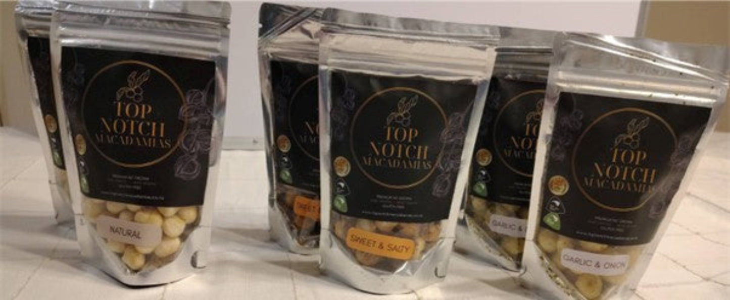 NZ Macadamia Nuts TASTER Six Pack 125 gm x 6 mixed multi pack : Top Notch brand